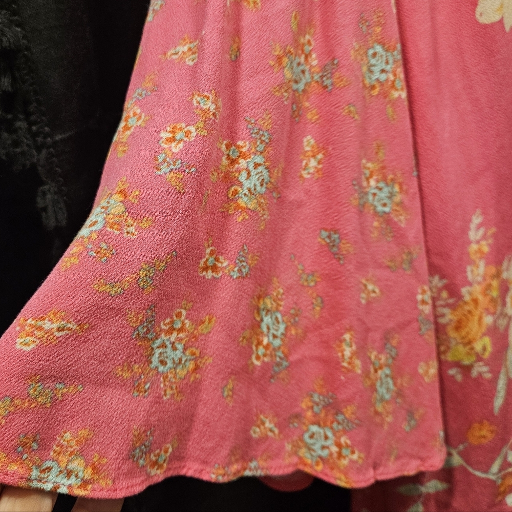 Free People Boho Pink Floral Open Back Bell Sleeve Tunic Mini Dress - Picture 10 of 10